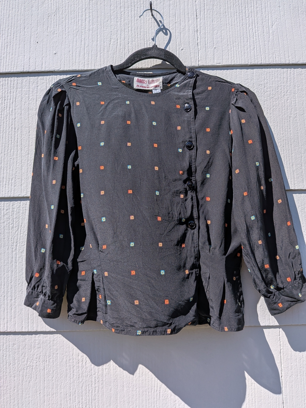 Maggy London Black Top with Orange & Teal Dot Accents